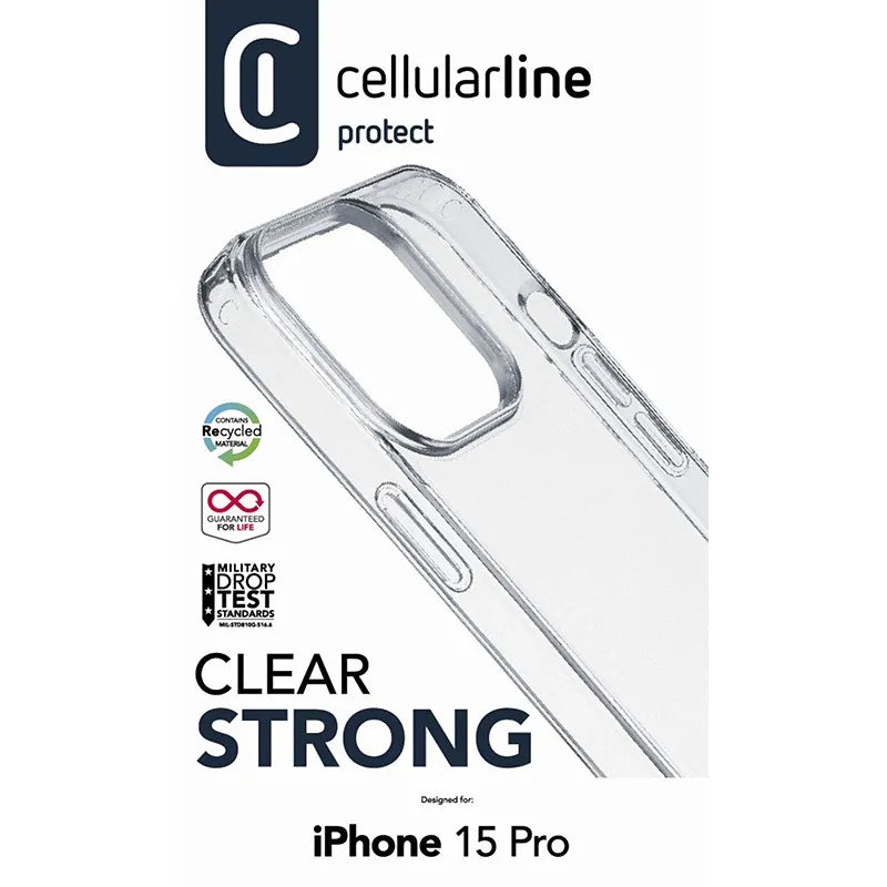 Cellularline Clear Strong – iPhone 15 Pro dėklas su antimikrobine apsauga (skaidrus)
