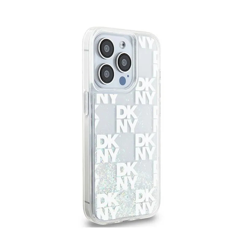 DKNY Liquid Glitter Multilogo – dėklas iPhone 15 Pro (baltas)
