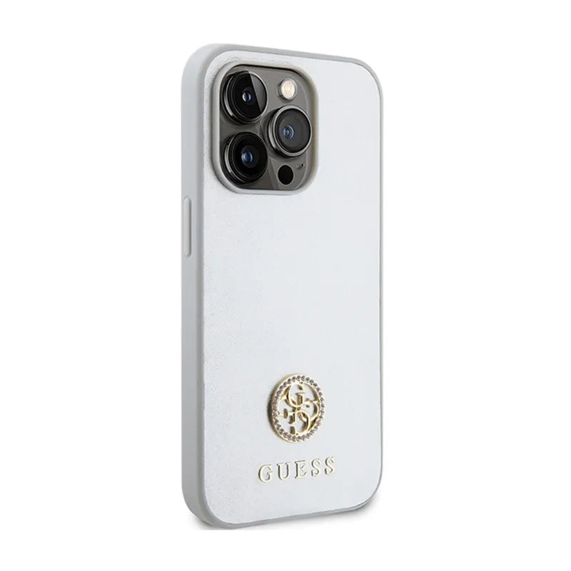 Guess 4G Strass Metal Logo - dėklas iPhone 15 Pro (sidabrinis)