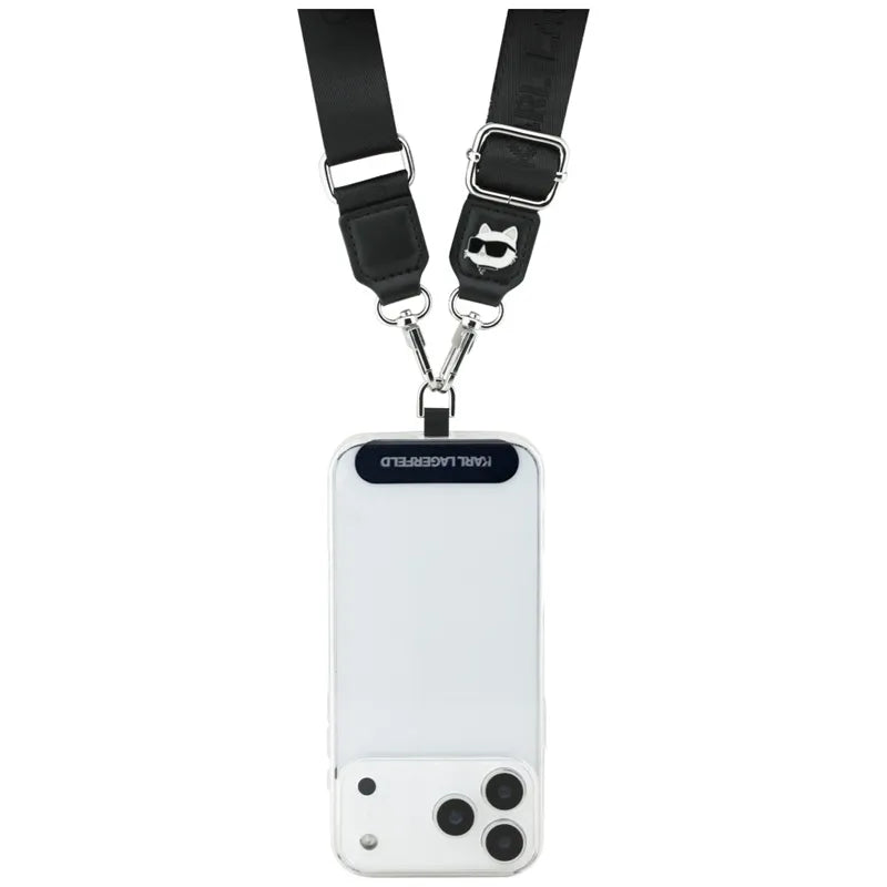 Karl Lagerfeld Universal Crossbody Strap Tether Patch Choupette Metal Logo – universalus telefono dirželis (juodas)