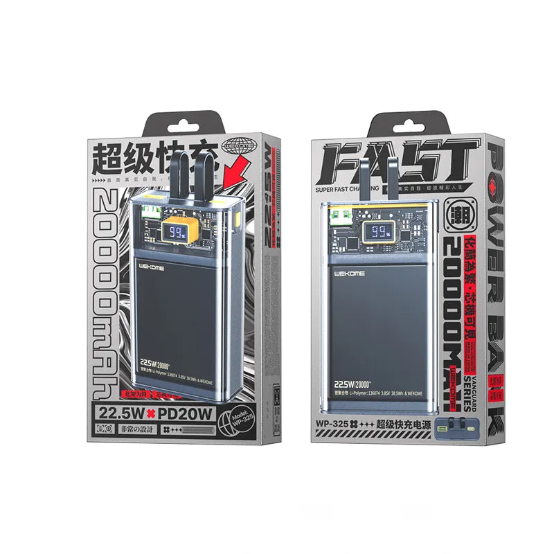 WEKOME WP-325 Vanguard Series – Išorinė baterija 20000 mAh su sparčiuoju įkrovimu, integruotais USB-C ir Lightning laidais, PD 20W + QC 22.5W (juoda / skaidri)