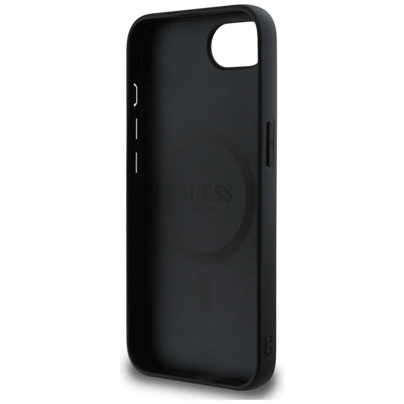 Guess Grained Hot Stamp Peony Triangle Logo MagSafe – Dėklas iPhone 16e telefonui (juodas)