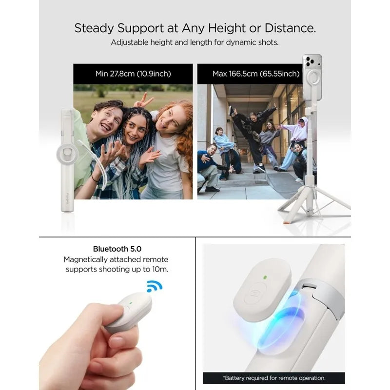 Spigen S582W MagSafe „Bluetooth“ asmenukių lazda su trikoju – išmaniojo telefono trikojis / asmenukių lazdos laikiklis (Dune Beige)