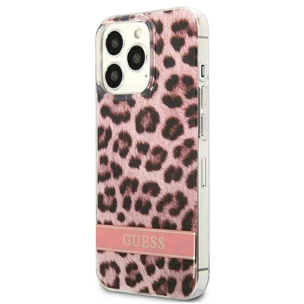 Guess Leopard Electro Stripe – dėklas iPhone 13 Pro (rožinis)