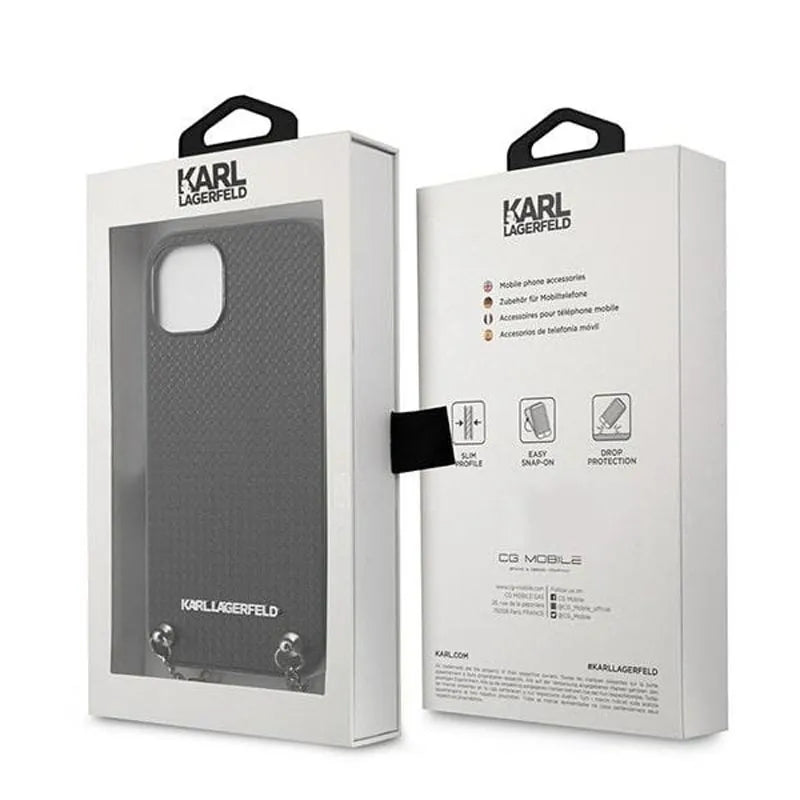 Karl Lagerfeld Leather Textured and Chain – dėklas skirtas iPhone 13 mini (juodas)