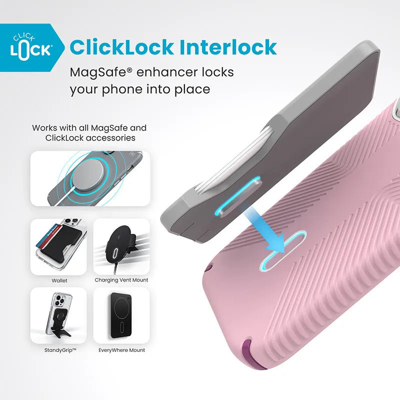 Speck Presidio2 Grip ClickLock & MagSafe – dėklas iPhone 16 Pro (Wednesday Pink / Boysenberry Purple / White)