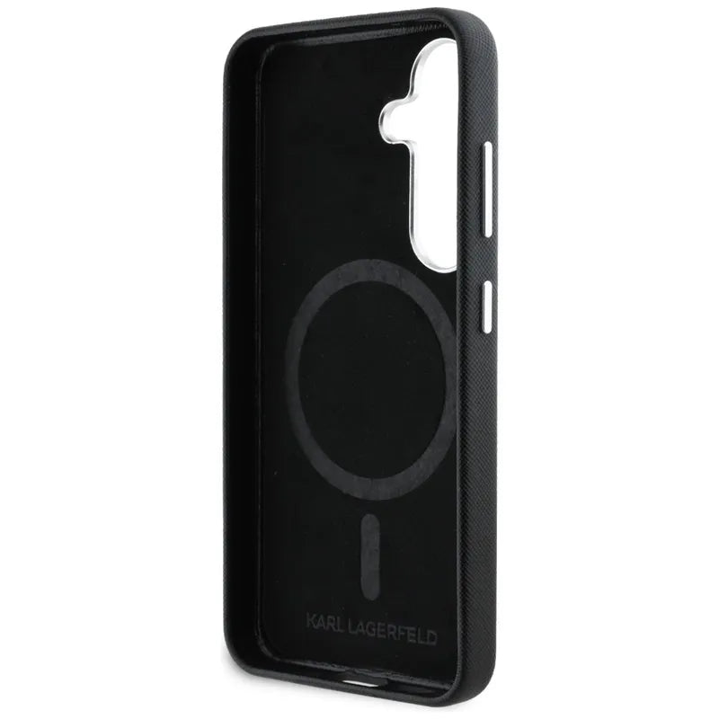 Karl Lagerfeld Saffiano Full Wrapped Elongated Metal Logo MagSafe dėklas skirtas Samsung Galaxy S25 (juodas)