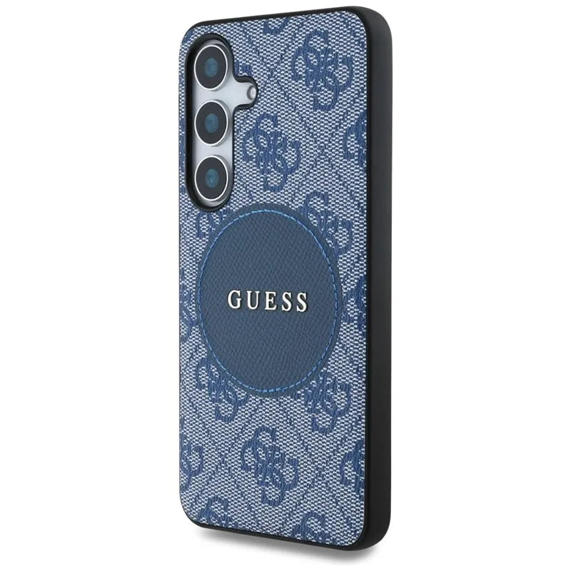 Guess 4G Round Patch Classic Logo MagSafe – dėklas Samsung Galaxy S25+ (mėlynas)