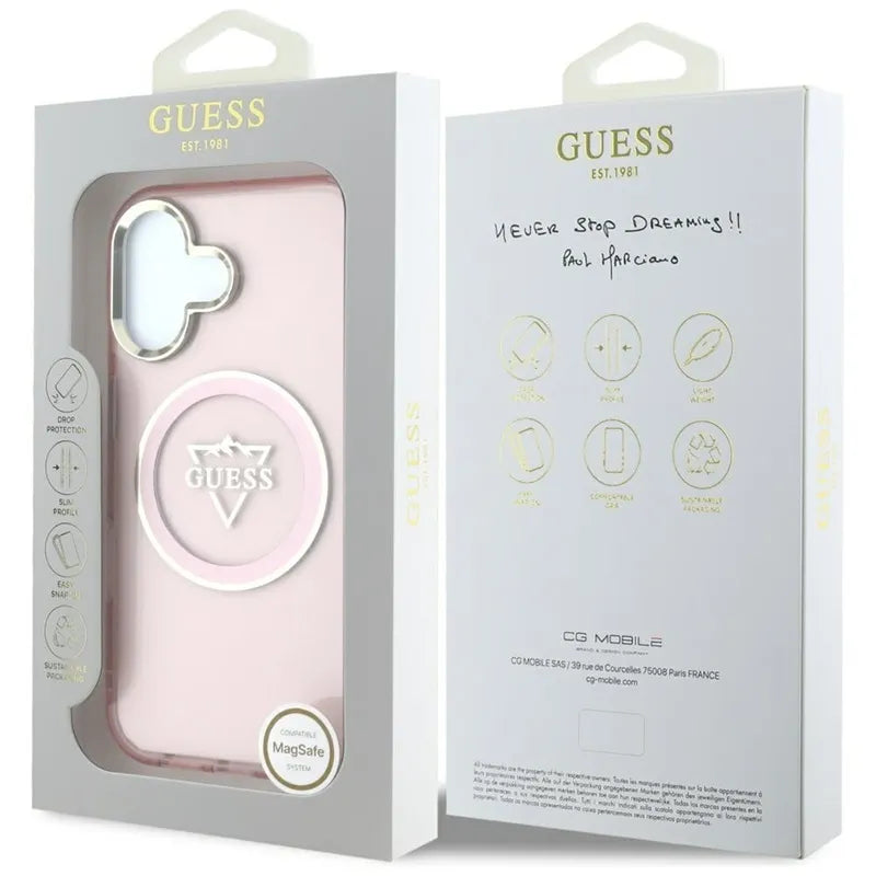 Guess IML Metal Mountain Logo MagSafe – Dėklas iPhone 16 (rožinis)