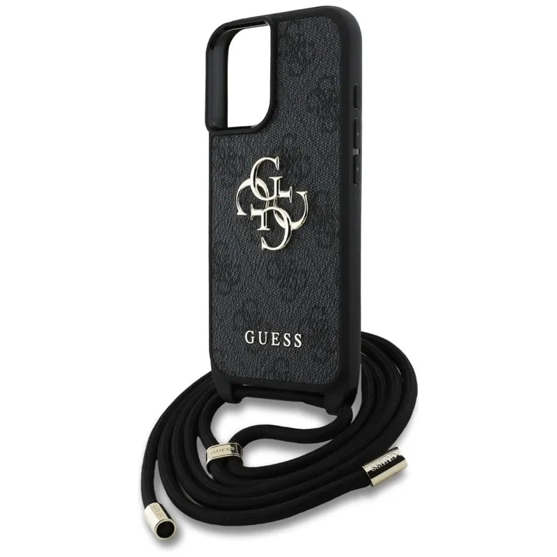„Guess 4G Big Logo Cord Strap Crossbody“ – dėklas „iPhone 16 Plus“ (juodas)
