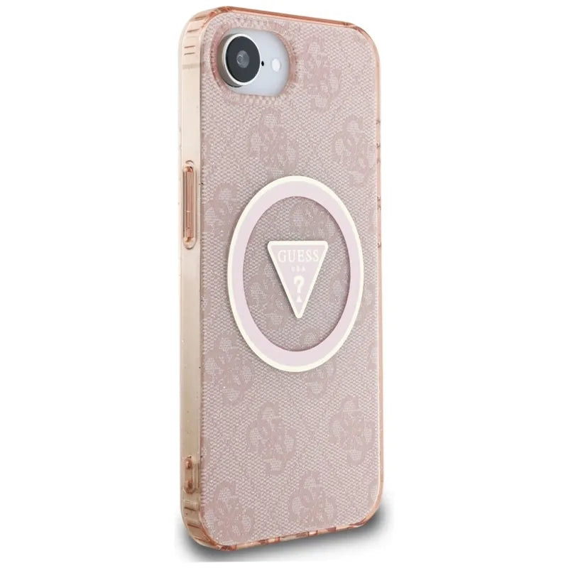 Guess IML Metal Glitter 4G Circle Triangle MagSafe – dėklas iPhone 16e (rožinis)