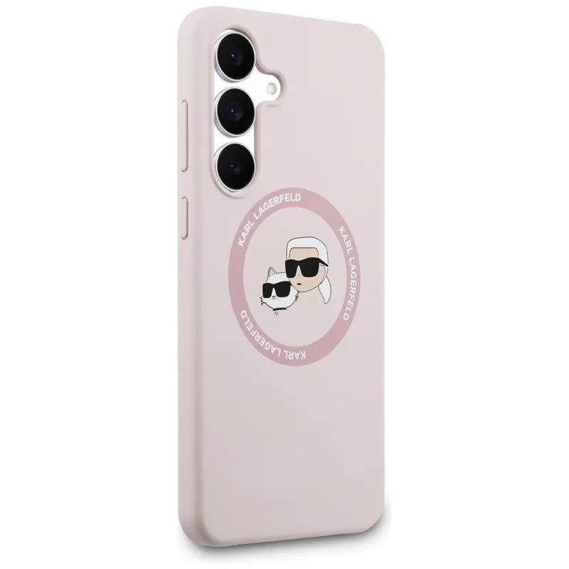 Karl Lagerfeld Silicone Karl & Choupette Heads MagSafe – dėklas Samsung Galaxy S25 FE (rožinis)