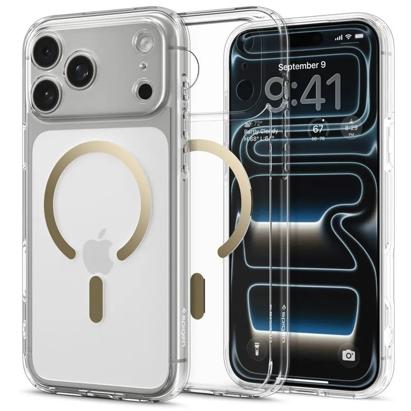 Spigen Ultra Hybrid Mag MagSafe – dėklas iPhone 17 Pro (skaidrus/auksinis)
