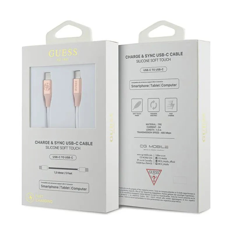 „Guess“ Ebossed Logo – USB-C į USB-C greitojo įkrovimo laidas 1,5 m (rožinis)