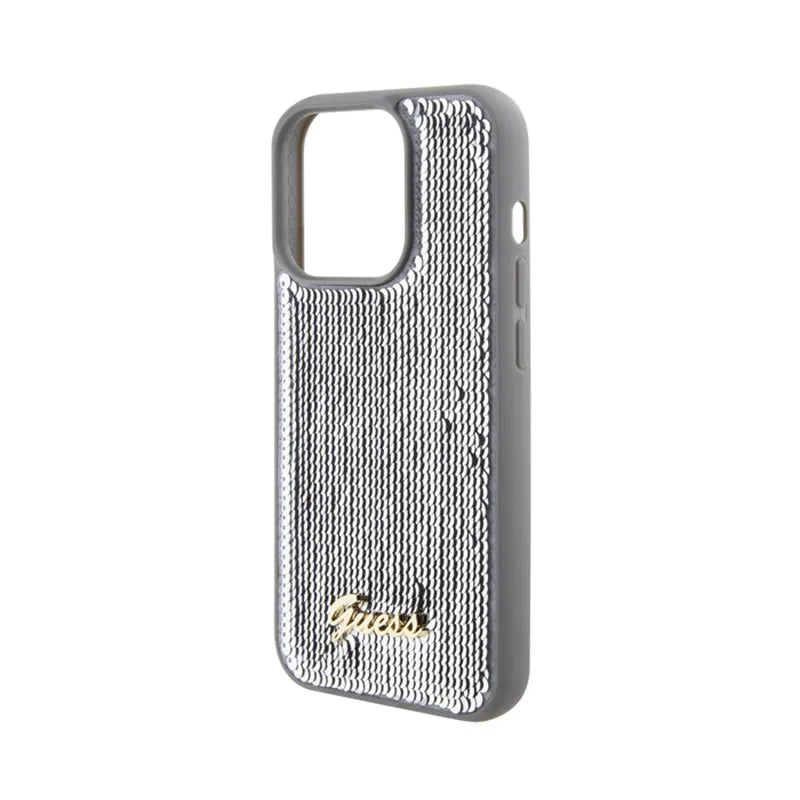 Guess Sequin Script Metal – dėklas „iPhone 15 Pro“ (sidabrinis)