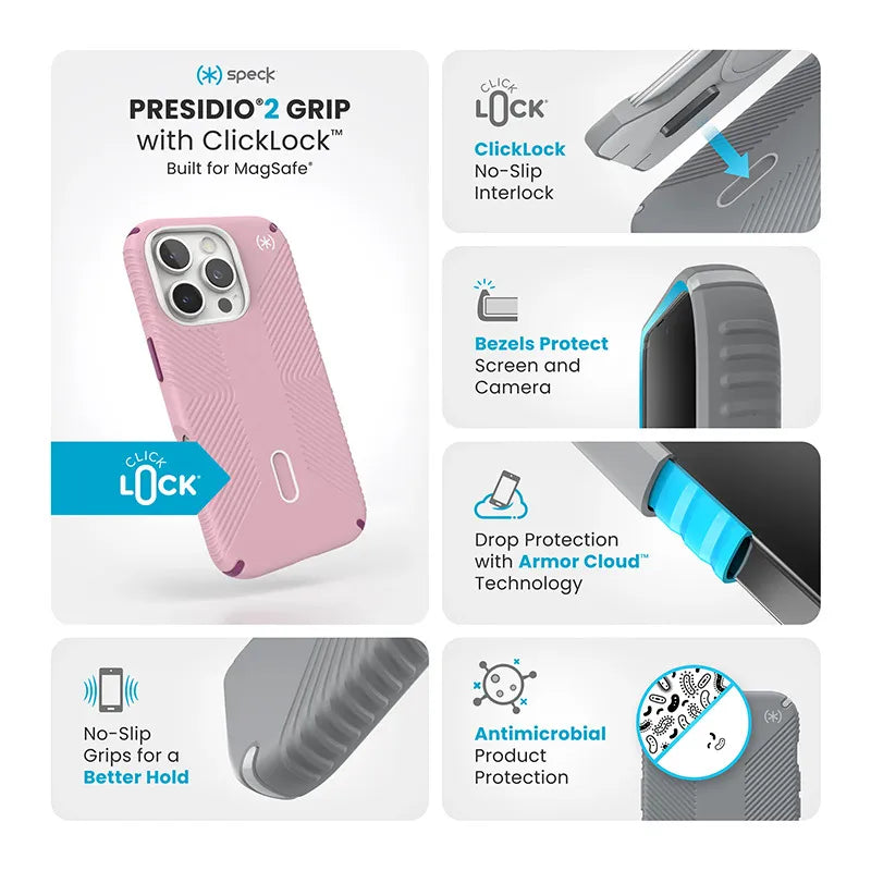 Speck Presidio2 Grip ClickLock & MagSafe – dėklas iPhone 16 Pro (Wednesday Pink / Boysenberry Purple / White)
