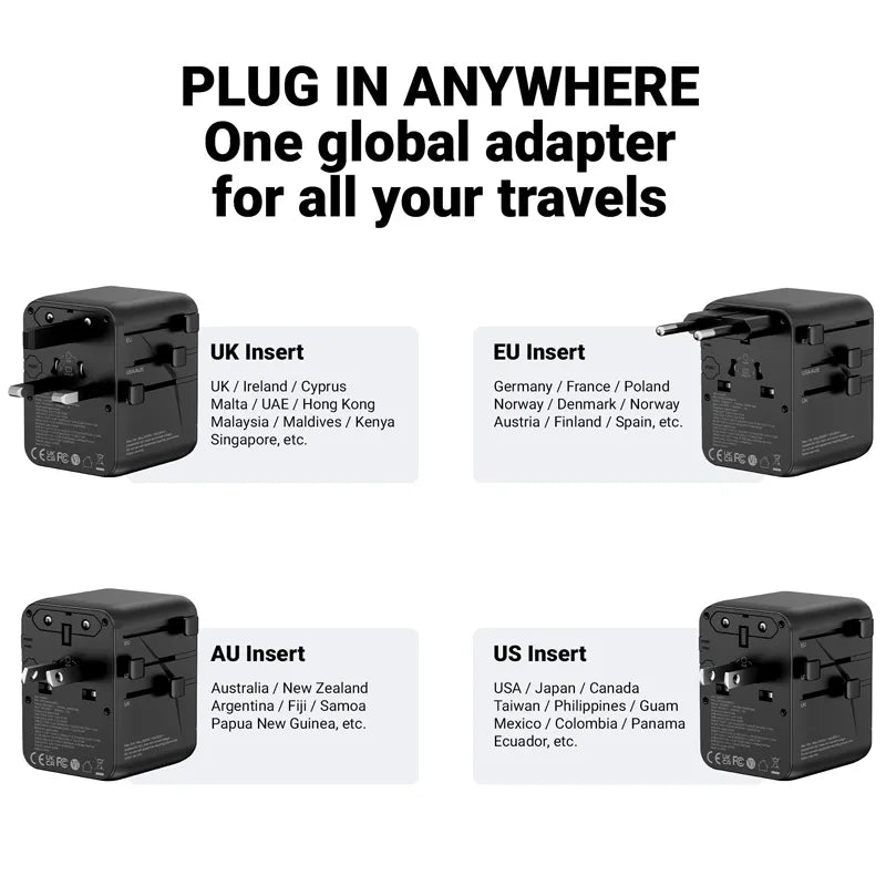 Crong One World kelioninis adapteris – universalus GaN kelioninis adapteris 45W UK/EU/US/AU (juodas)