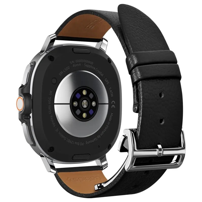 Spigen Enzo – natūralios odos dirželis Samsung Galaxy Watch 8 / 8 Classic 40 / 44 / 46 mm (juodas)