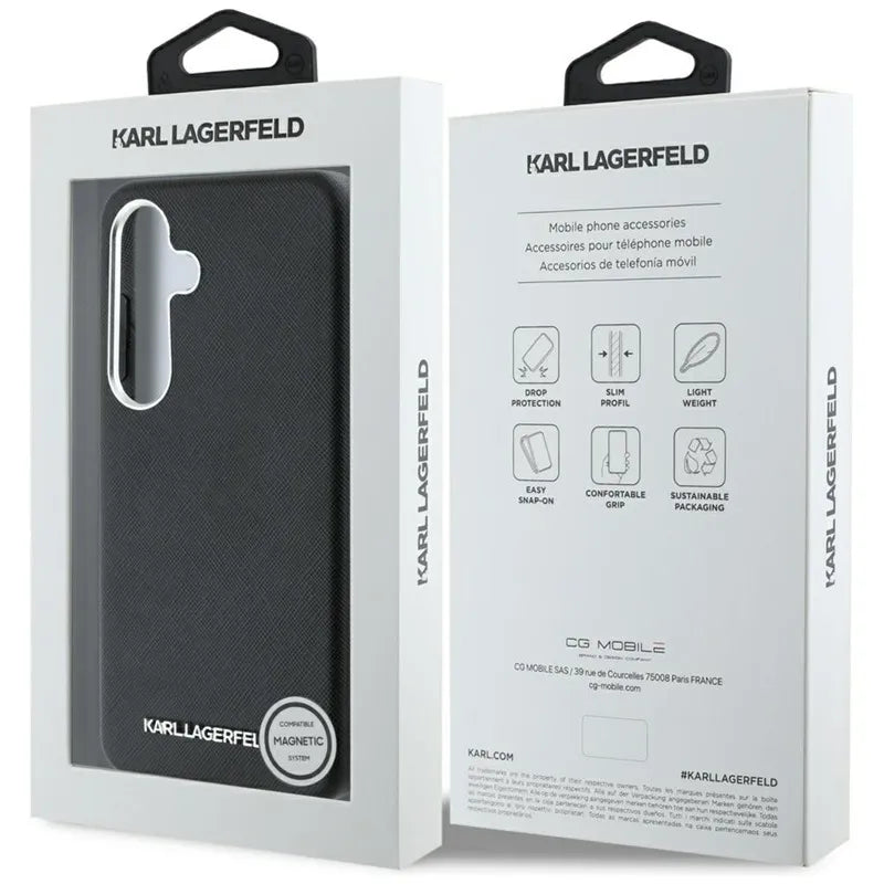 Karl Lagerfeld Saffiano Full Wrapped Elongated Metal Logo MagSafe dėklas skirtas Samsung Galaxy S25 (juodas)
