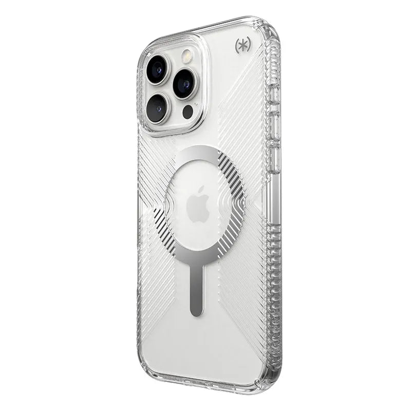 Speck Presidio Perfect-Clear Grip MagSafe – dėklas iPhone 16 Pro Max (skaidrus / chromuota apdaila / Serene Silver)