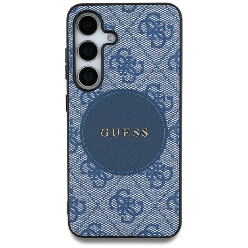 Guess 4G Round Patch Classic Logo MagSafe – dėklas Samsung Galaxy S25+ (mėlynas)