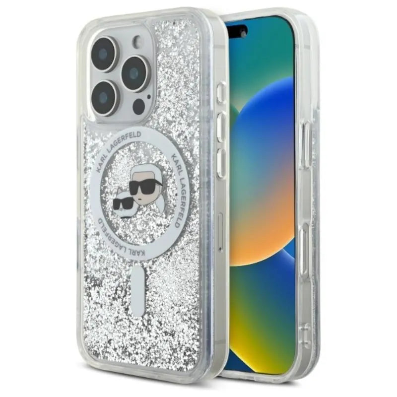 Karl Lagerfeld Liquid Glitter Karl & Choupette Head MagSafe – dėklas iPhone 16 Pro Max (skaidrus)
