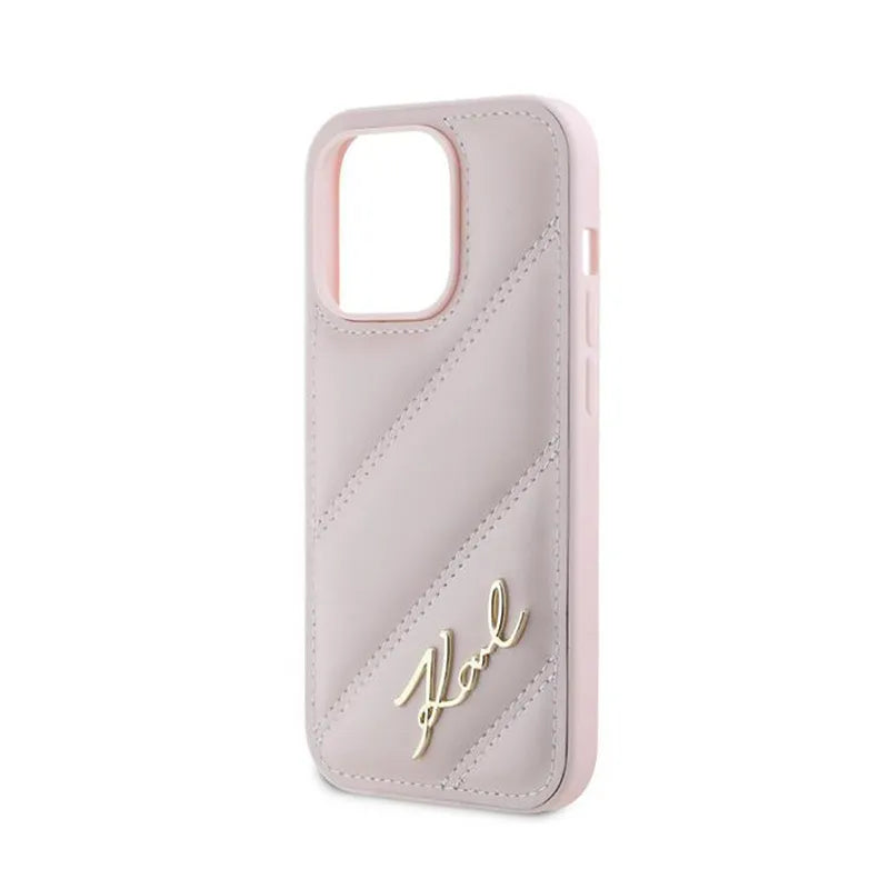 Karl Lagerfeld Diagonal Quilted Script – dėklas iPhone 14 Pro (rožinis)