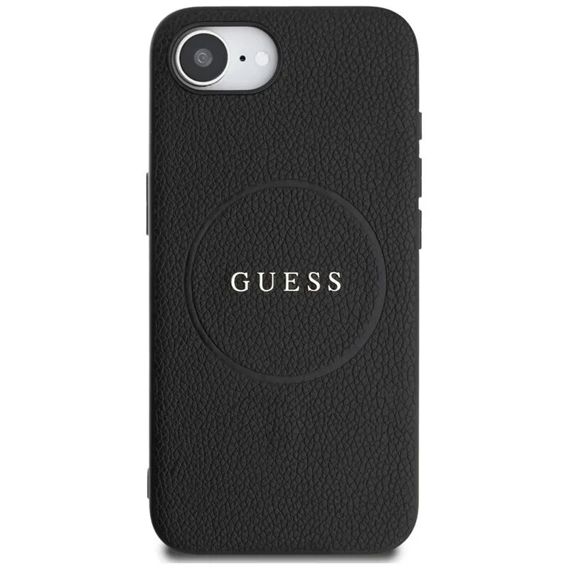 Guess Grained Ring MagSafe – dėklas iPhone 16e (juodas)