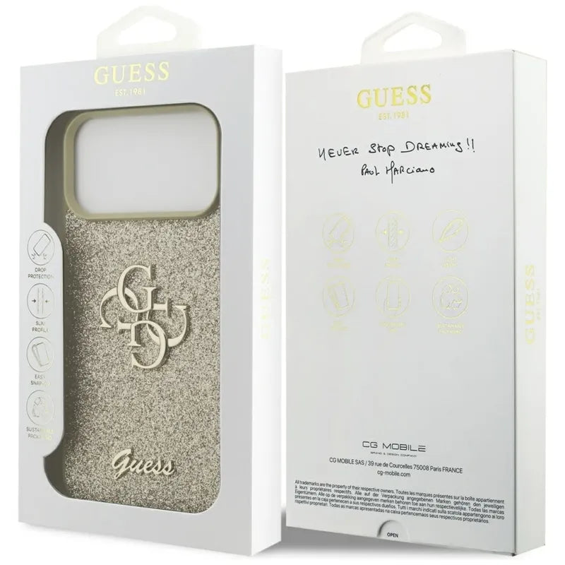 Guess Fixed Glitter Big 4G – dėklas iPhone 17 Pro Max (auksinis)