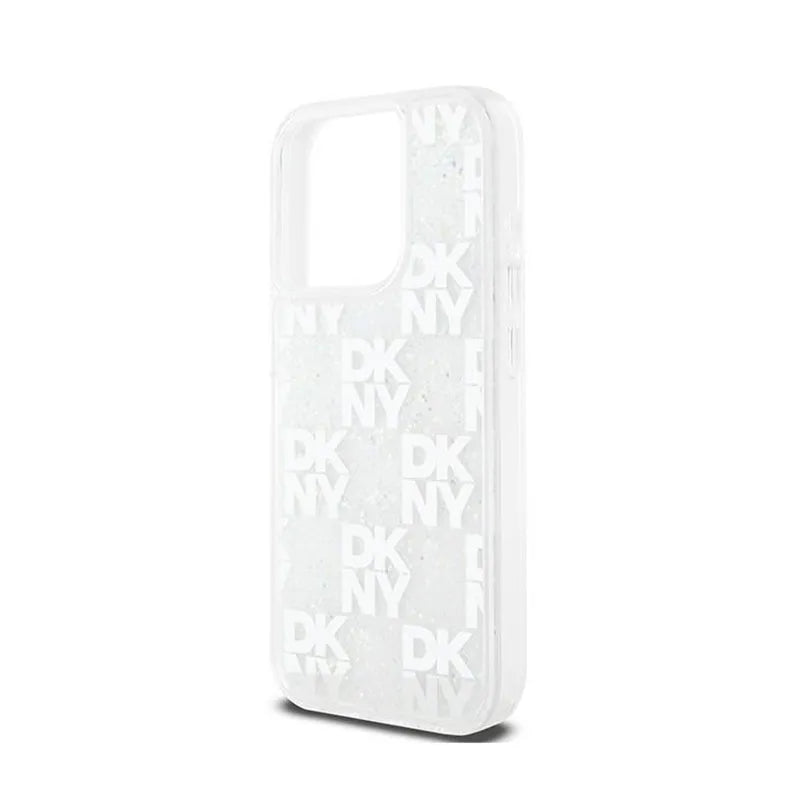 DKNY Liquid Glitter Multilogo – dėklas iPhone 15 Pro (baltas)