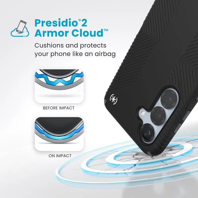 Speck Presidio2 Grip Magnet – Samsung Galaxy S25 / 24 MagSafe dėklas (juodas/pilkas/baltas)