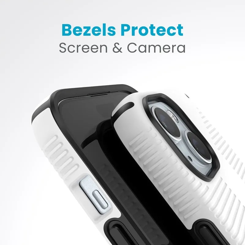 Speck Candyshell Grip MagSafe – dėklas, skirtas iPhone 17e / 16e / 15 / 14 / 13 (baltas / juodas)