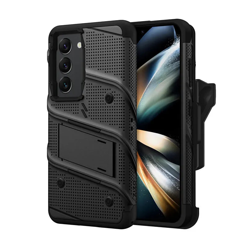 ZIZO BOLT serija – šarvuotas dėklas Samsung Galaxy S23 su 9H ekrano stiklu + laikiklis su stovu (juodas)