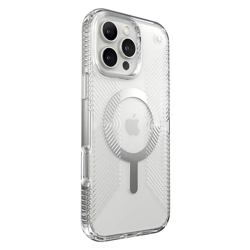 Speck Presidio Perfect-Clear Grip MagSafe – dėklas iPhone 16 Pro Max (skaidrus / chromuota apdaila / Serene Silver)