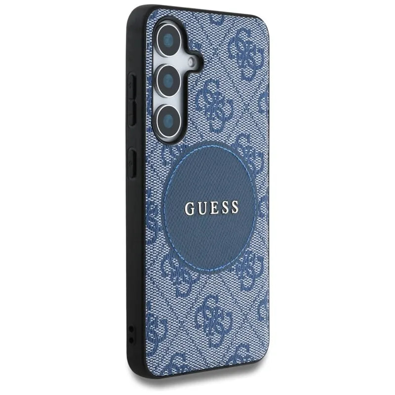 Guess 4G Round Patch Classic Logo MagSafe – dėklas Samsung Galaxy S25+ (mėlynas)