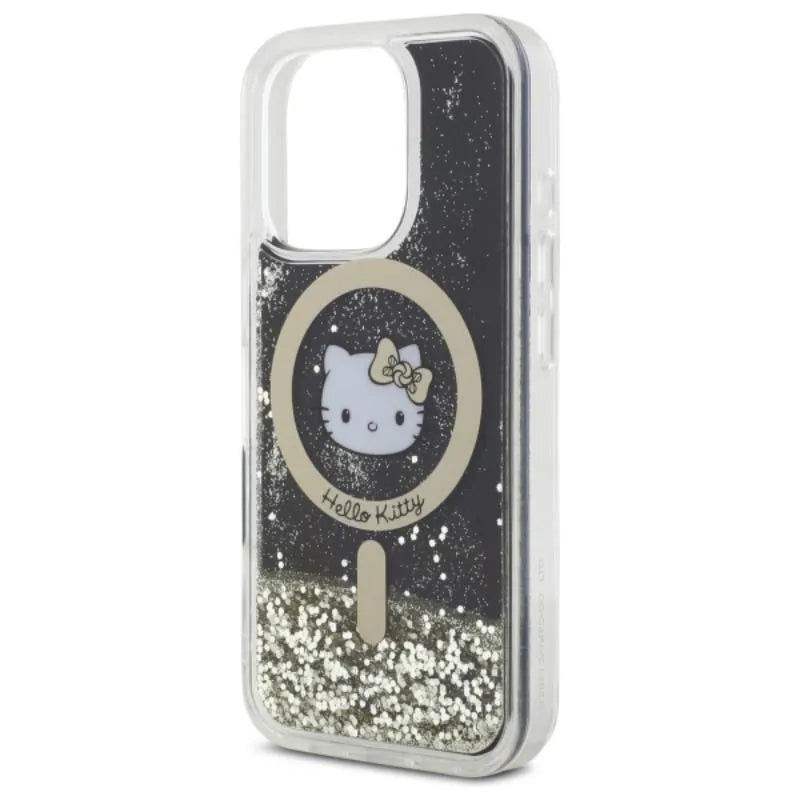 Hello Kitty Liquid Glitter Fever MagSafe - dėklas iPhone 16 Pro (juodas/auksinis)