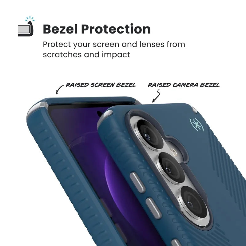 Speck Presidio2 Grip Magnet – apsauginis dėklas su MagSafe, skirtas Samsung Galaxy S26 (Deep Sea/Silver Metallic/Spell Blue)