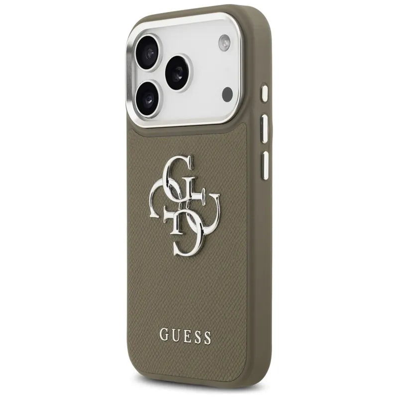 Guess Grained Big 4G Classic Logo – dėklas, skirtas iPhone 17 Pro (rudas)