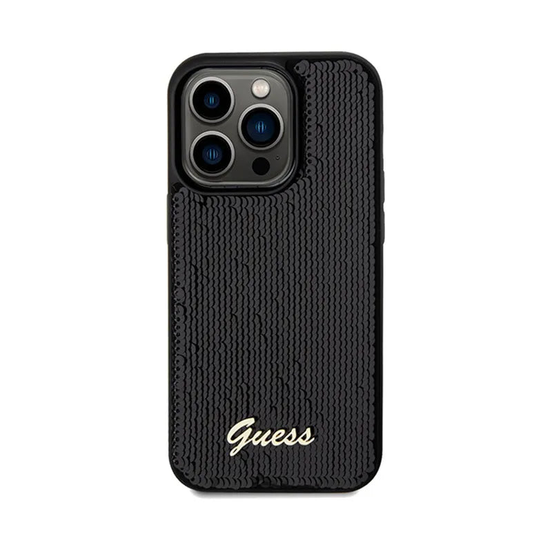 Guess Sequin Script Metal - dėklas iPhone 14 Pro Max (juodas)