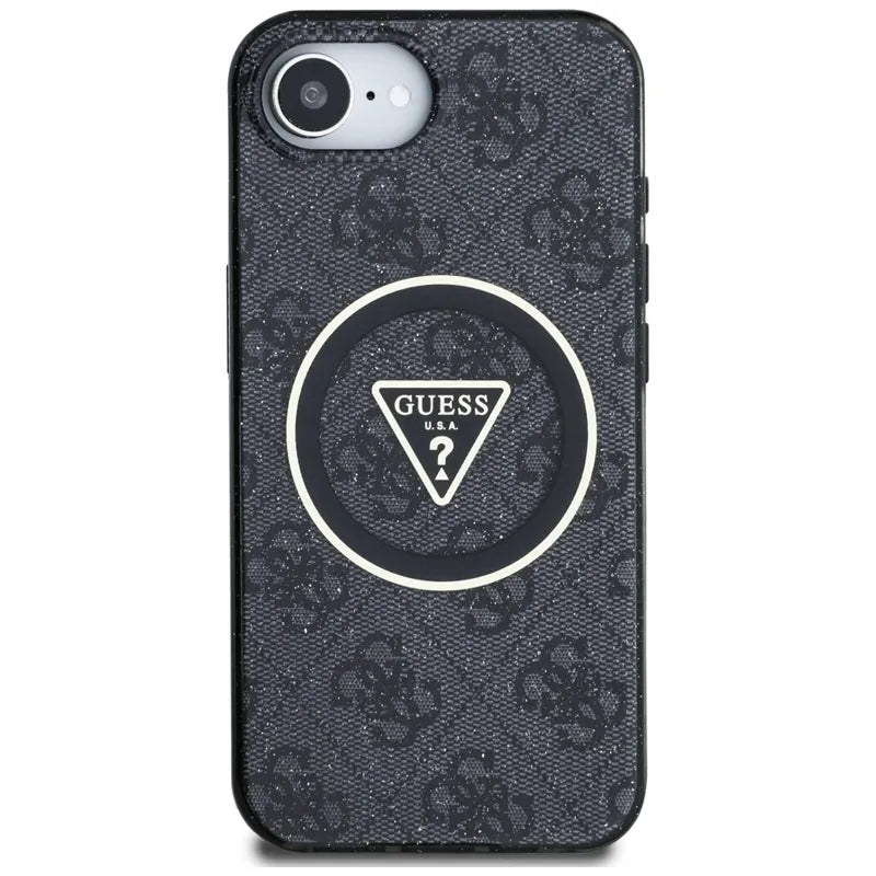 Guess IML Metal Glitter 4G Circle Triangle MagSafe – dėklas iPhone 16e telefonui (juodas)