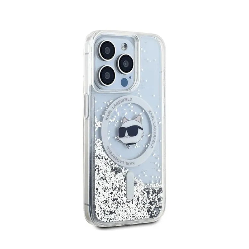 Karl Lagerfeld Liquid Glitter Choupette Head MagSafe – iPhone 15 Pro dėklas (skaidrus)