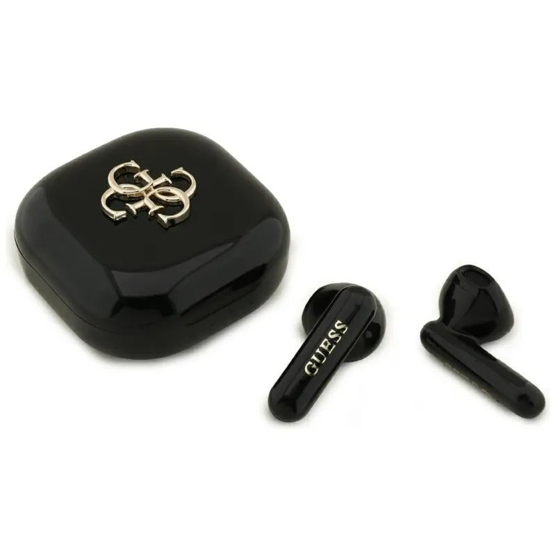 Guess 4G Metal Logo – TWS Bluetooth ausinės + įkrovimo dėklas (juodos)