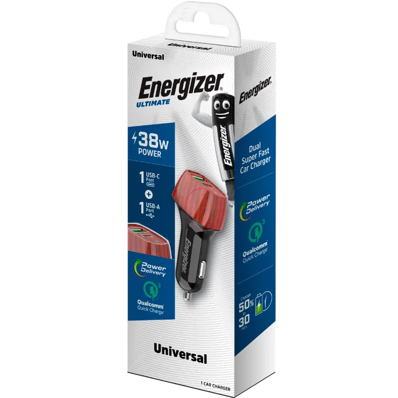 Energizer Ultimate – USB-C ir USB-A 38W PD + QC3.0 automobilinis įkroviklis (WALNUT)
