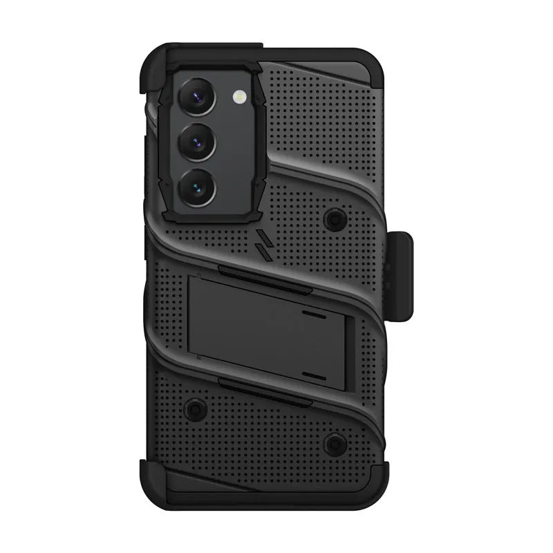 ZIZO BOLT serija – šarvuotas dėklas Samsung Galaxy S23 su 9H ekrano stiklu + laikiklis su stovu (juodas)