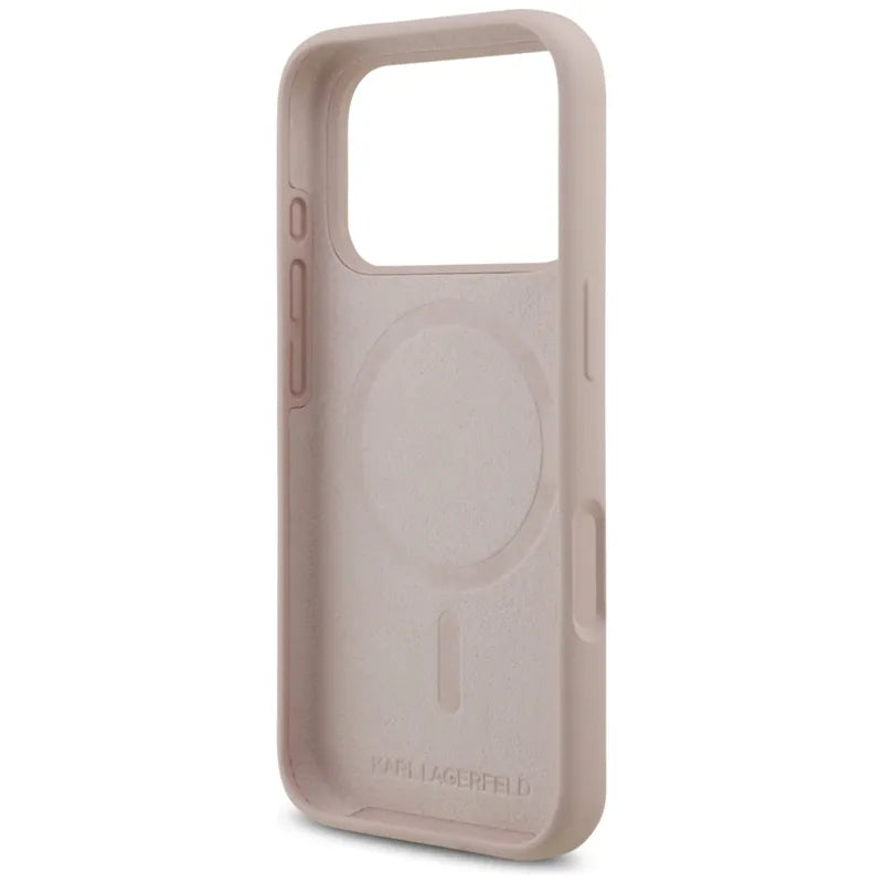 Karl Lagerfeld Silicone Karl & Choupette Ring MagSafe – Dėklas iPhone 17 Pro (rožinis)