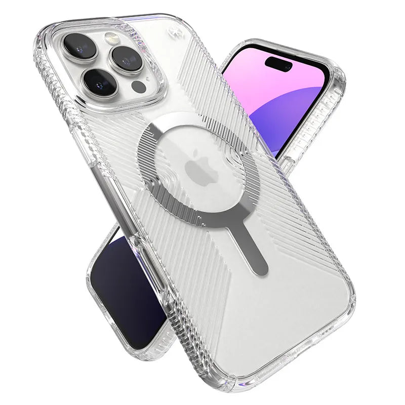 Speck Presidio Perfect-Clear Grip MagSafe – dėklas iPhone 16 Pro Max (skaidrus / chromuota apdaila / Serene Silver)