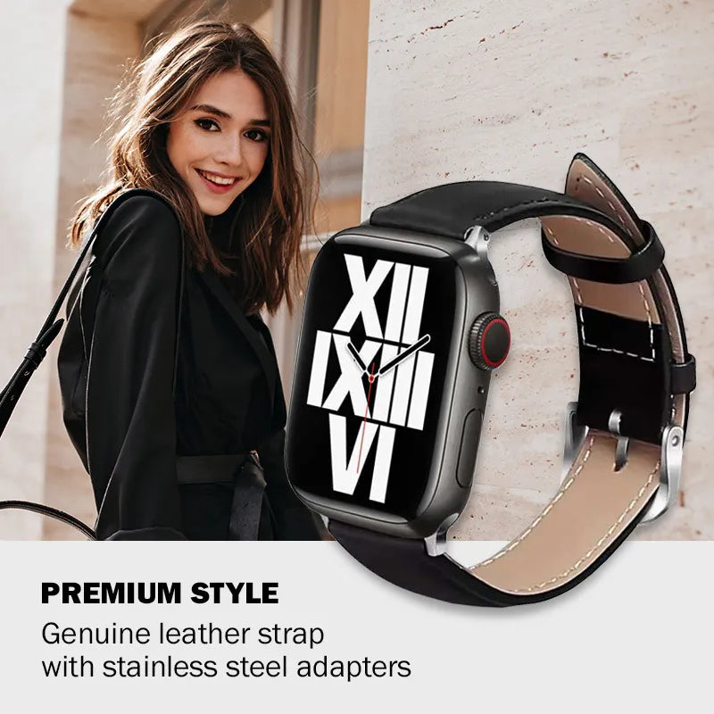 Crong Noble Band - natūralios odos dirželis Apple Watch 44/45/46/49 mm (juodas)