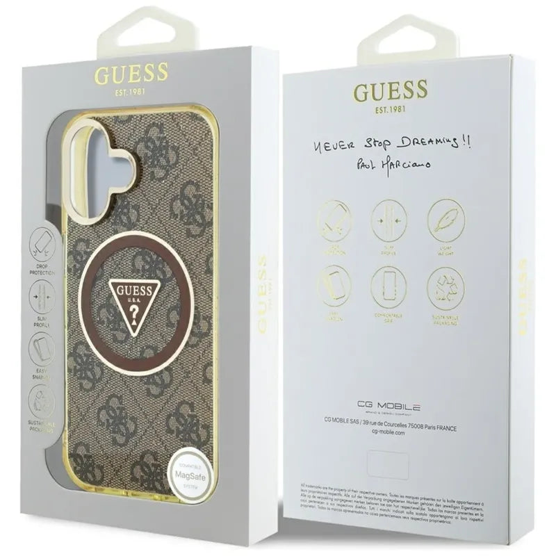Guess IML Metal Glitter 4G Circle Triangle MagSafe – Dėklas iPhone 16 (rudas)