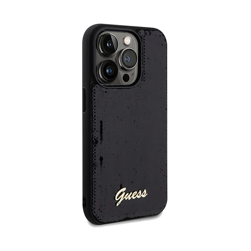 Guess Sequin Script Metal - dėklas iPhone 14 Pro Max (juodas)