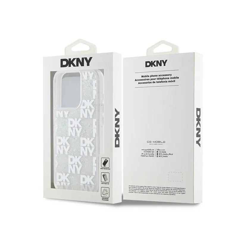 DKNY Liquid Glitter Multilogo – dėklas iPhone 15 Pro (baltas)